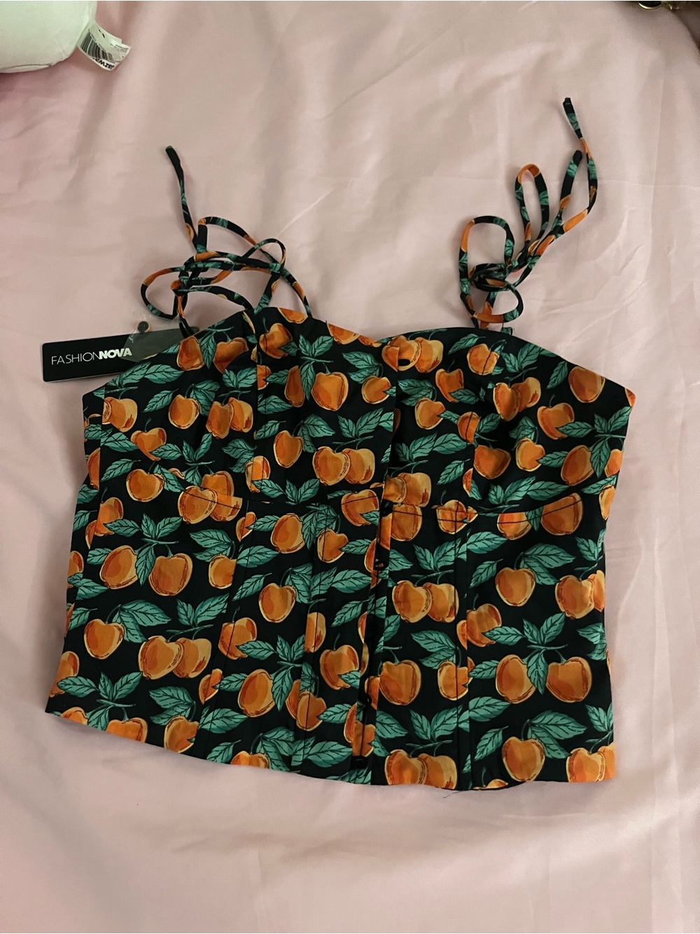 Fashion Nova Black Peach-Print Tie-Strap Crop Top